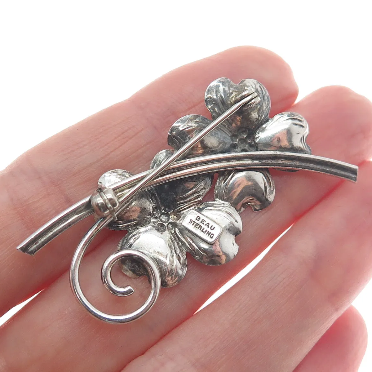 BEAU 925 Sterling Silver Antique Art Deco Dogwood Flower Pin Brooch