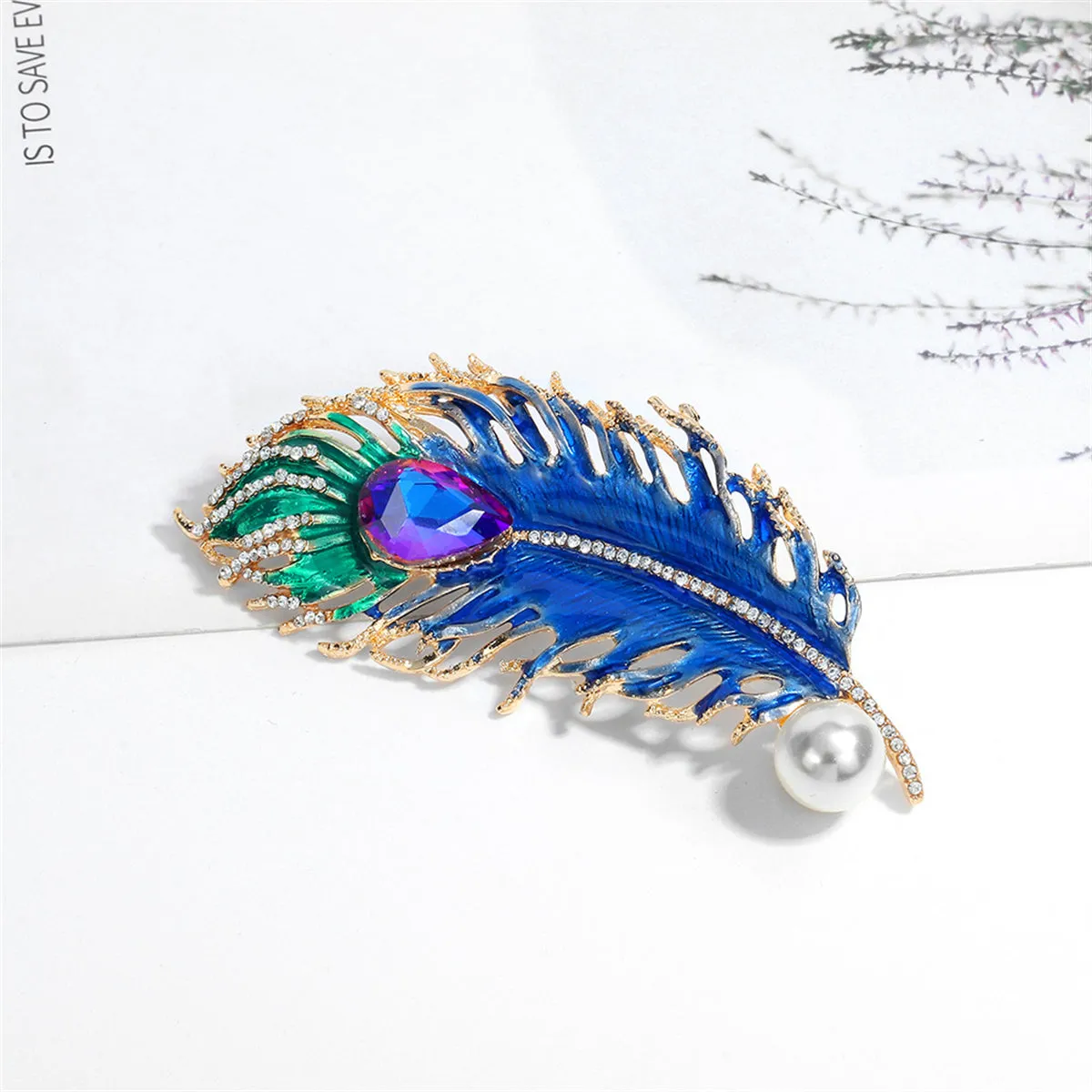 Blue Crystal & Cubic Zirconia Feather Brooch