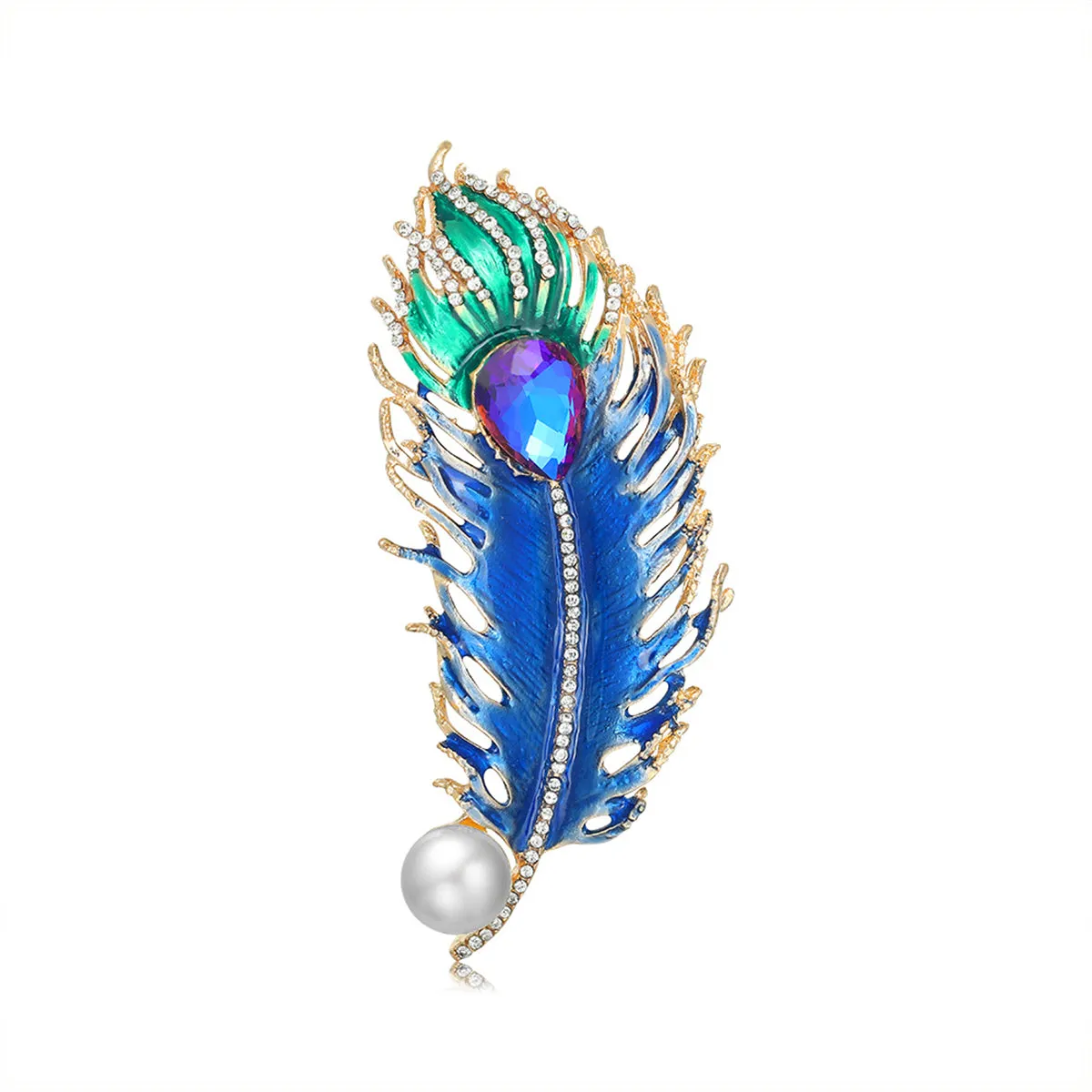 Blue Crystal & Cubic Zirconia Feather Brooch