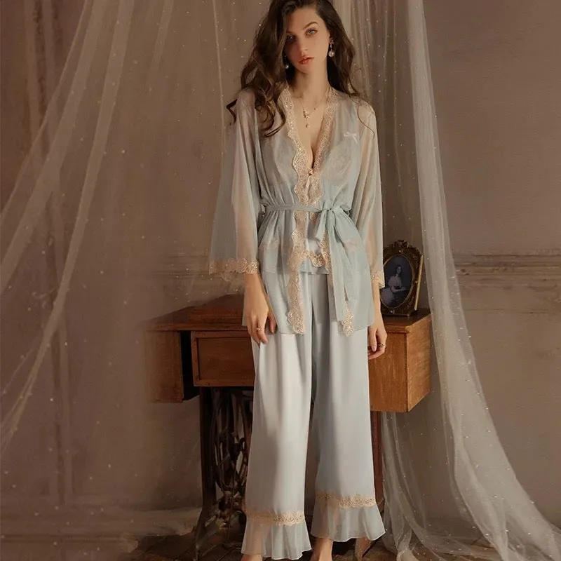 Brietta Silk Lace Pajamas Long Set - Baby Blue