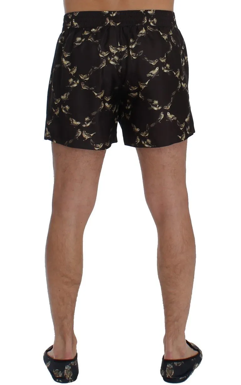 Brown Bird Print SILK Pajama Shorts