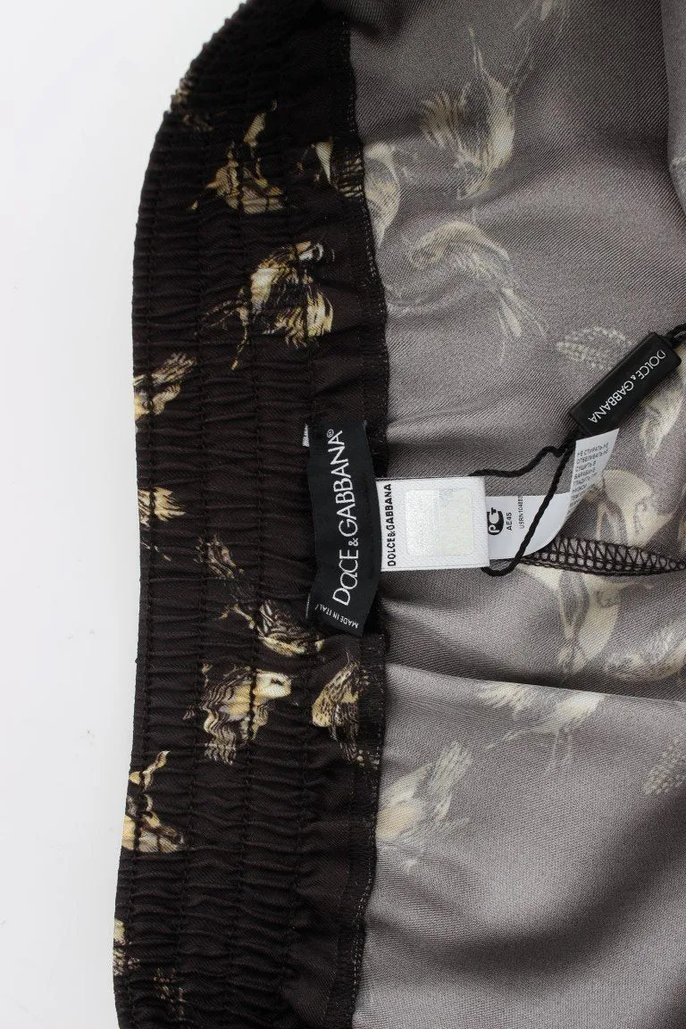 Brown Bird Print SILK Pajama Shorts