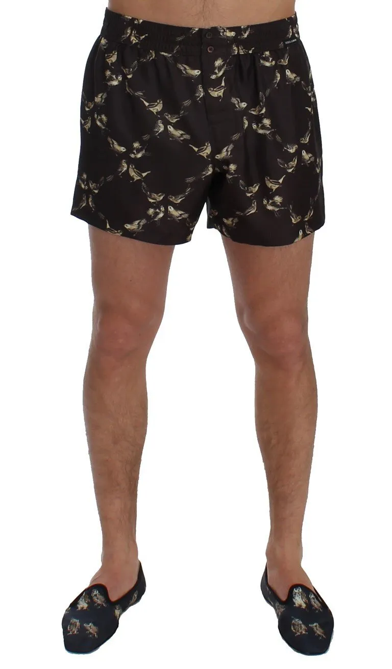 Brown Bird Print SILK Pajama Shorts
