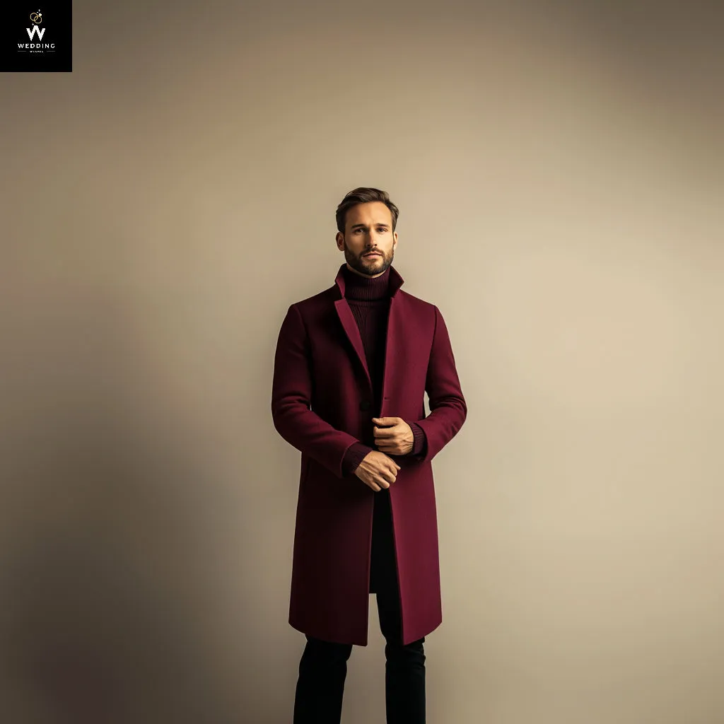 Burgundy Wool Trench Coat – Elegant Men's Winter Overcoat with Peak Lapel