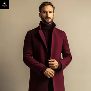 Burgundy Wool Trench Coat – Elegant Men's Winter Overcoat with Peak Lapel
