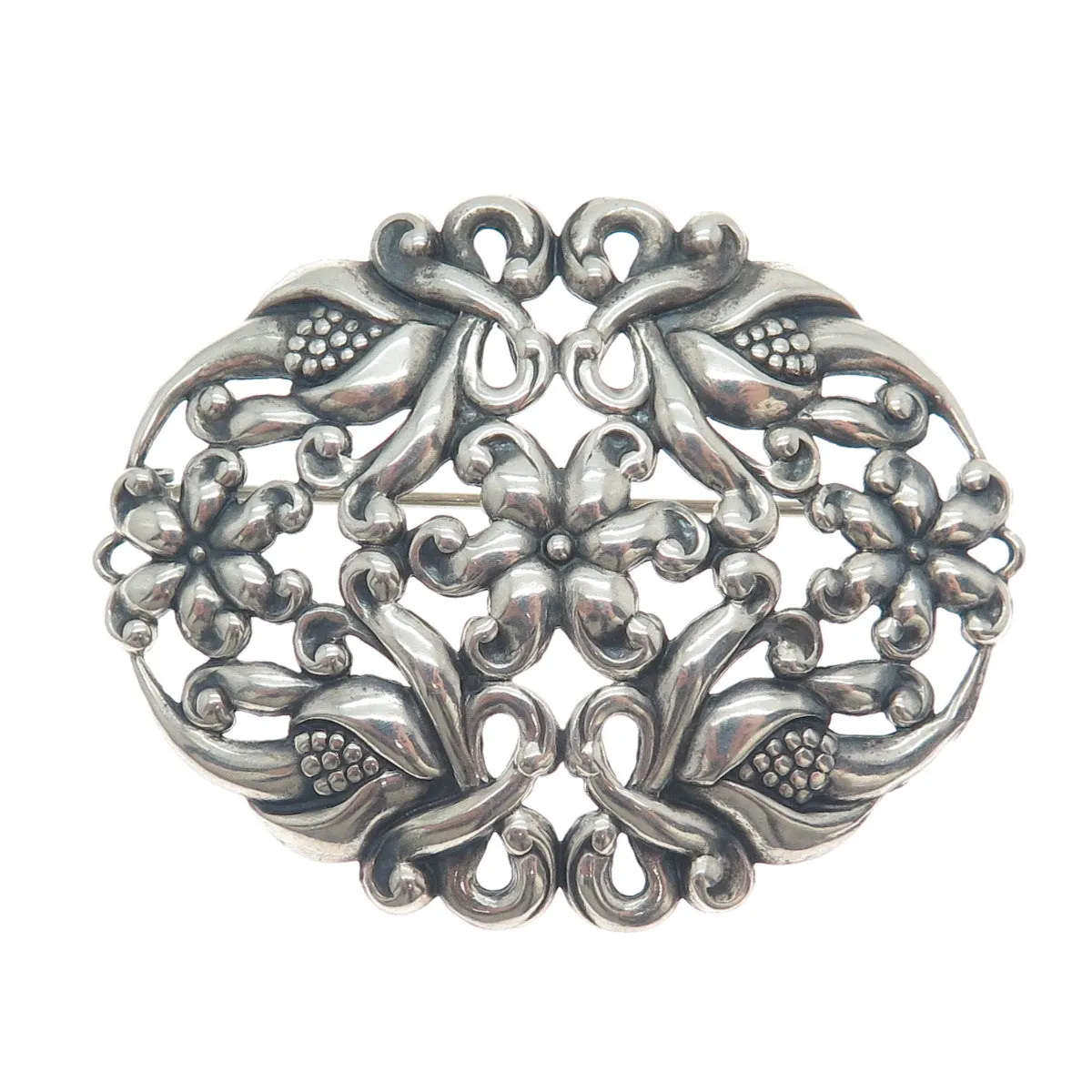 CFO DANECRAFT 925 Sterling Silver Antique Art Deco Flower Oxidized Pin Brooch