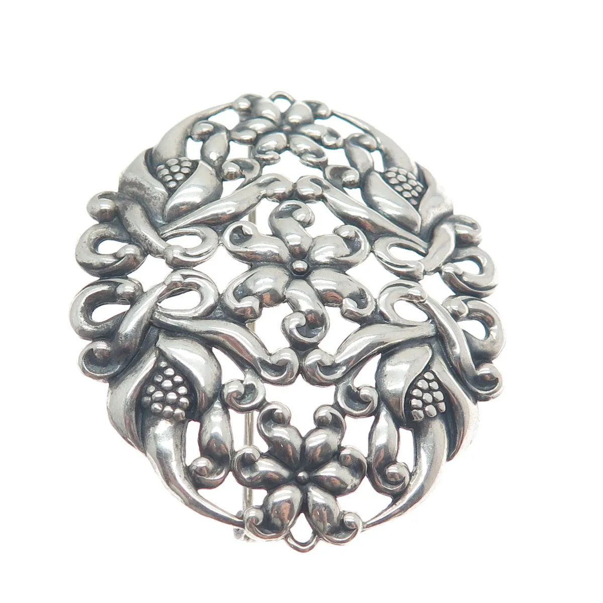 CFO DANECRAFT 925 Sterling Silver Antique Art Deco Flower Oxidized Pin Brooch