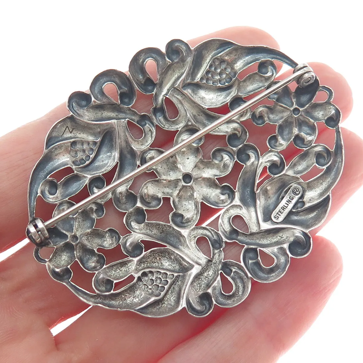 CFO DANECRAFT 925 Sterling Silver Antique Art Deco Flower Oxidized Pin Brooch