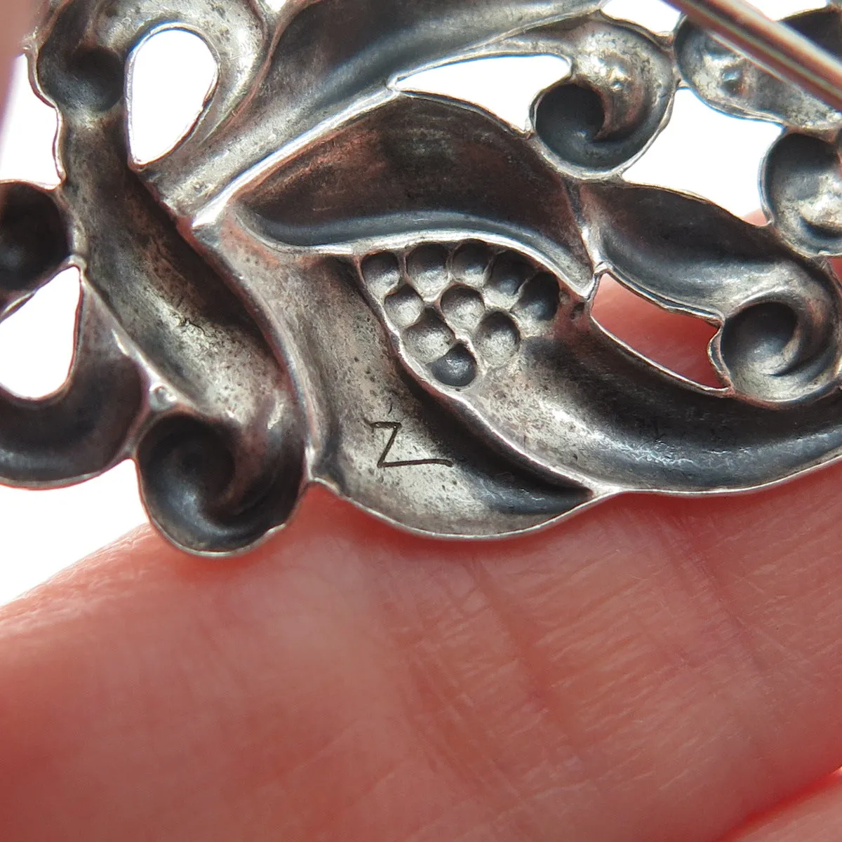 CFO DANECRAFT 925 Sterling Silver Antique Art Deco Flower Oxidized Pin Brooch