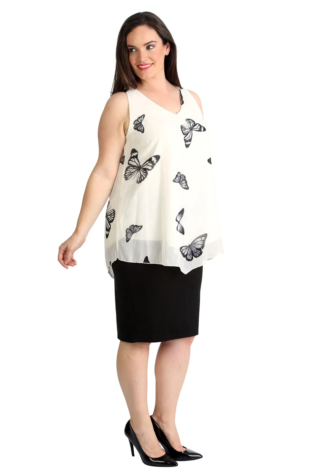 Chiffon Butterfly Print Lined Vest Top
