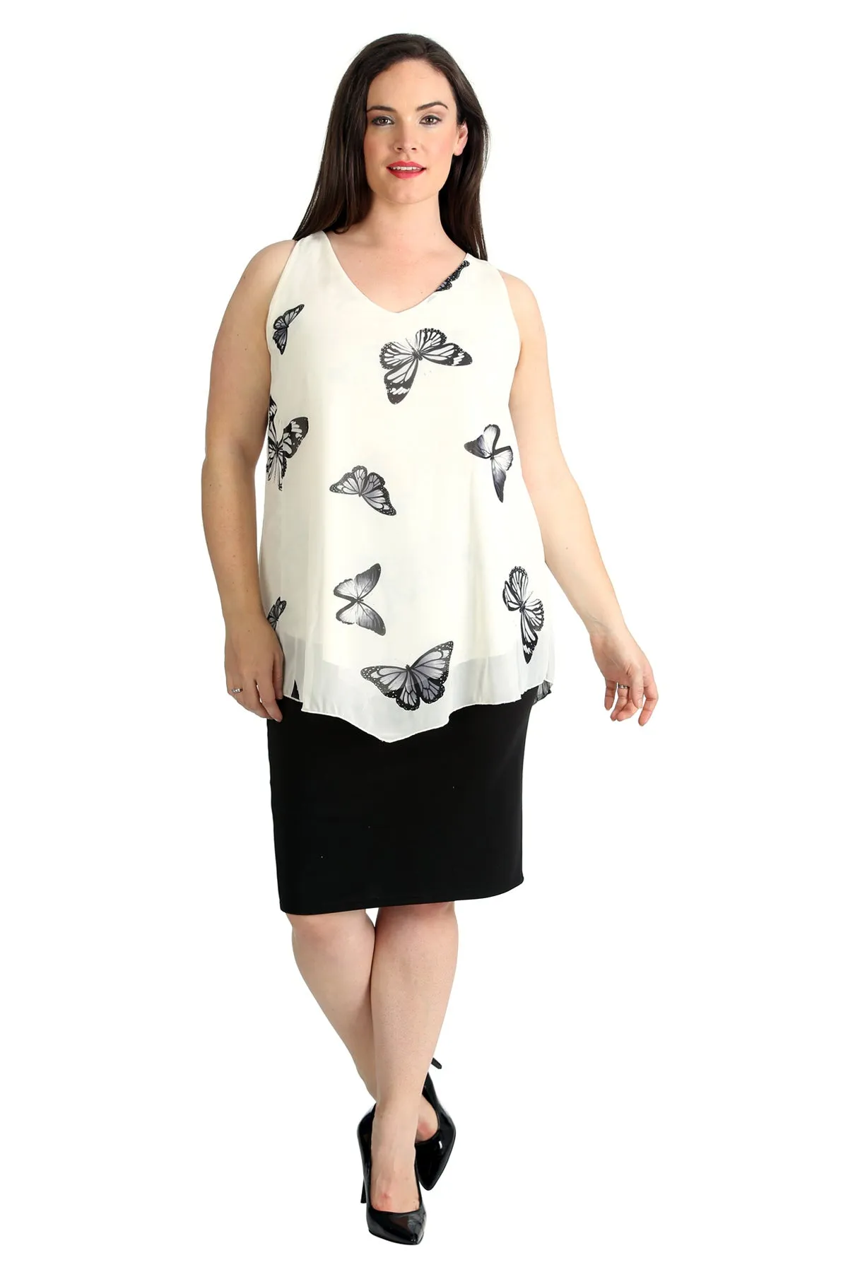 Chiffon Butterfly Print Lined Vest Top