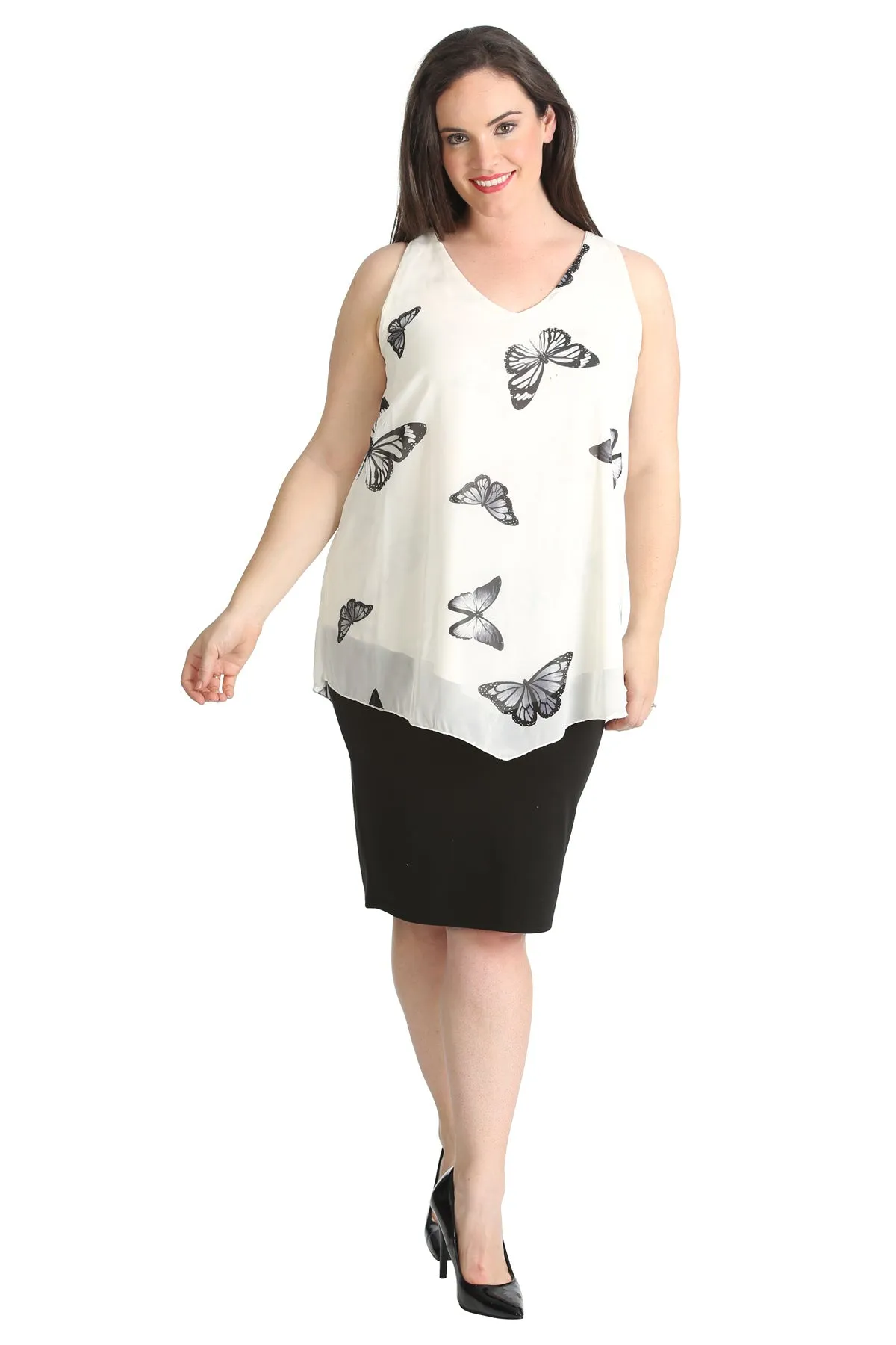 Chiffon Butterfly Print Lined Vest Top
