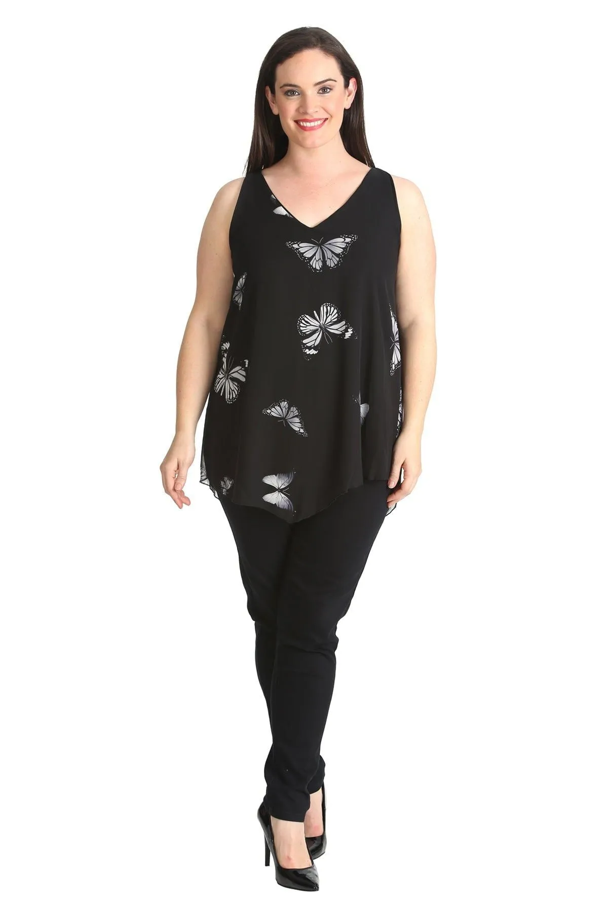 Chiffon Butterfly Print Lined Vest Top