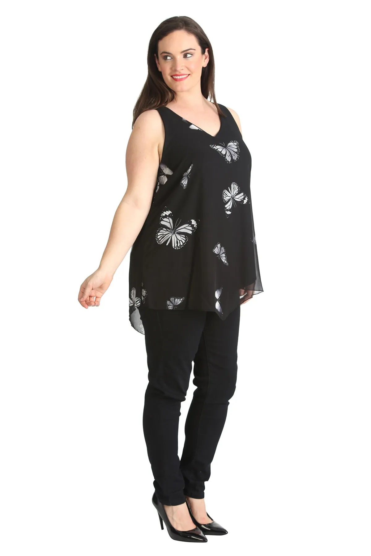 Chiffon Butterfly Print Lined Vest Top