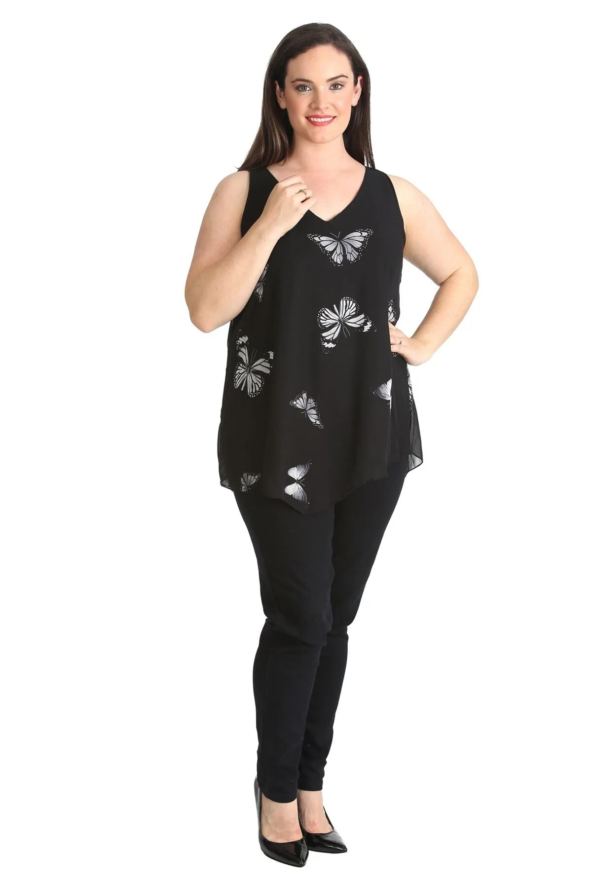 Chiffon Butterfly Print Lined Vest Top
