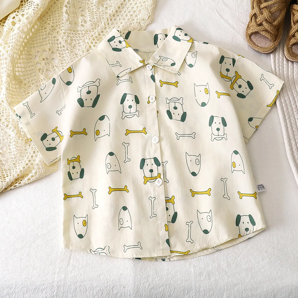 Children's shirts summer new boys short-sleeved cardigan baby cotton top lapel shirt foreign style children's clothing