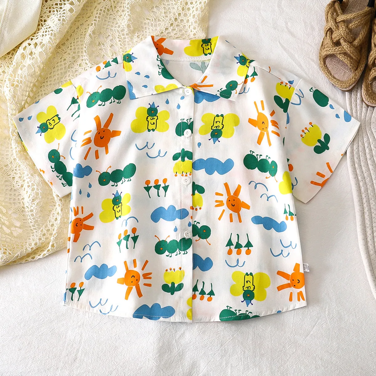 Children's shirts summer new boys short-sleeved cardigan baby cotton top lapel shirt foreign style children's clothing
