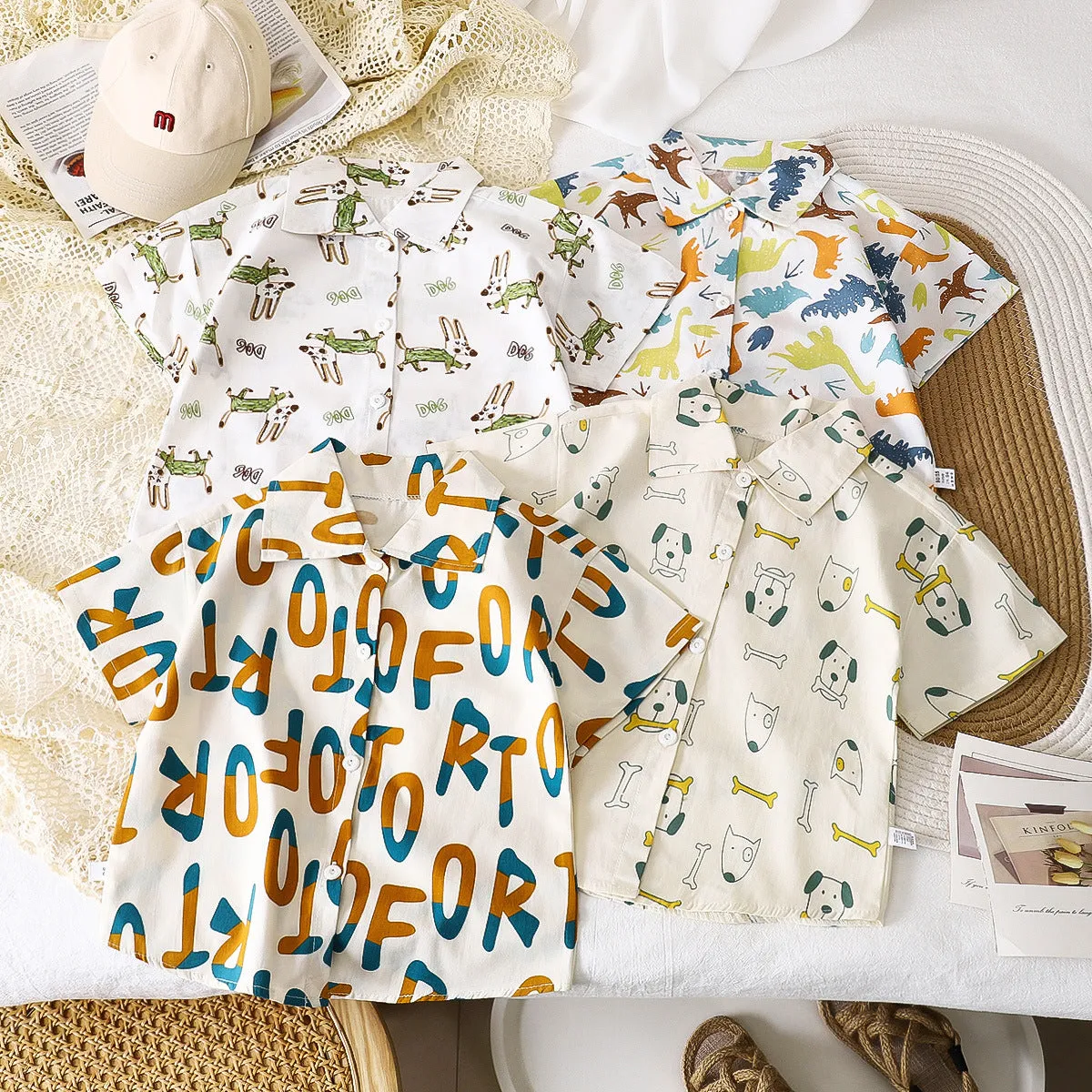 Children's shirts summer new boys short-sleeved cardigan baby cotton top lapel shirt foreign style children's clothing