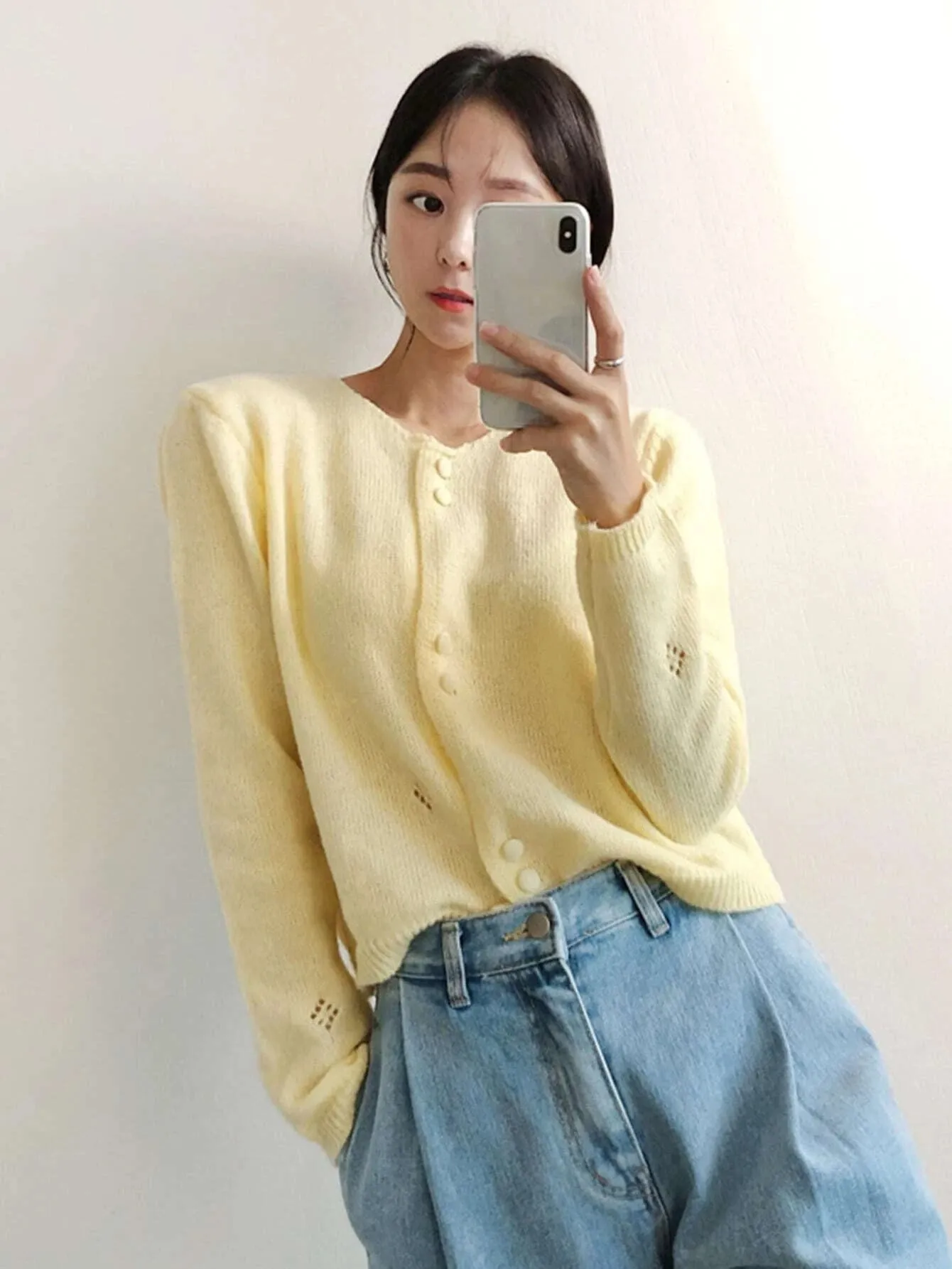 CM-CS036692 Women Casual Seoul Style Long Sleeve Solid Button Front Cardigan - Yellow