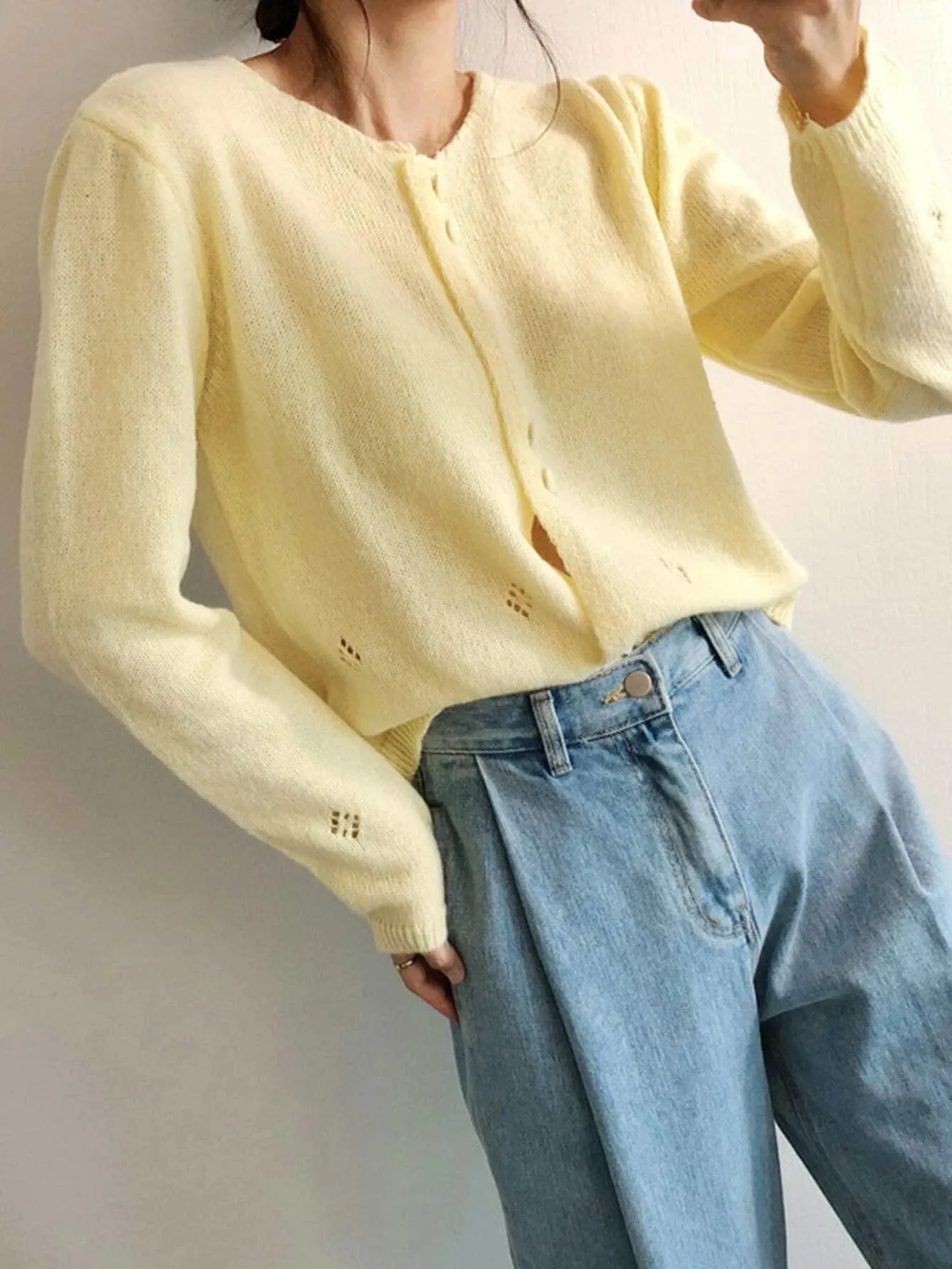CM-CS036692 Women Casual Seoul Style Long Sleeve Solid Button Front Cardigan - Yellow