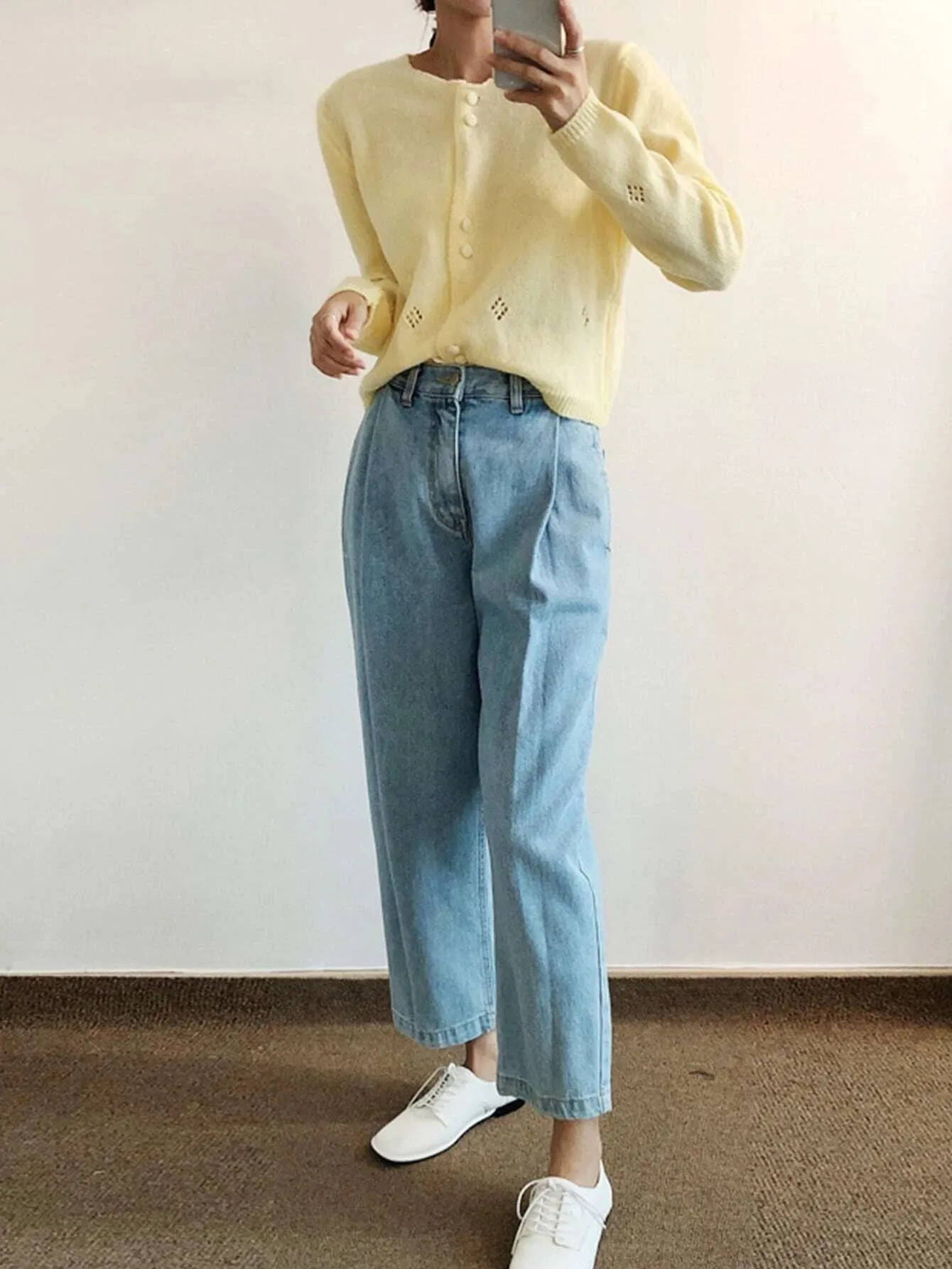 CM-CS036692 Women Casual Seoul Style Long Sleeve Solid Button Front Cardigan - Yellow