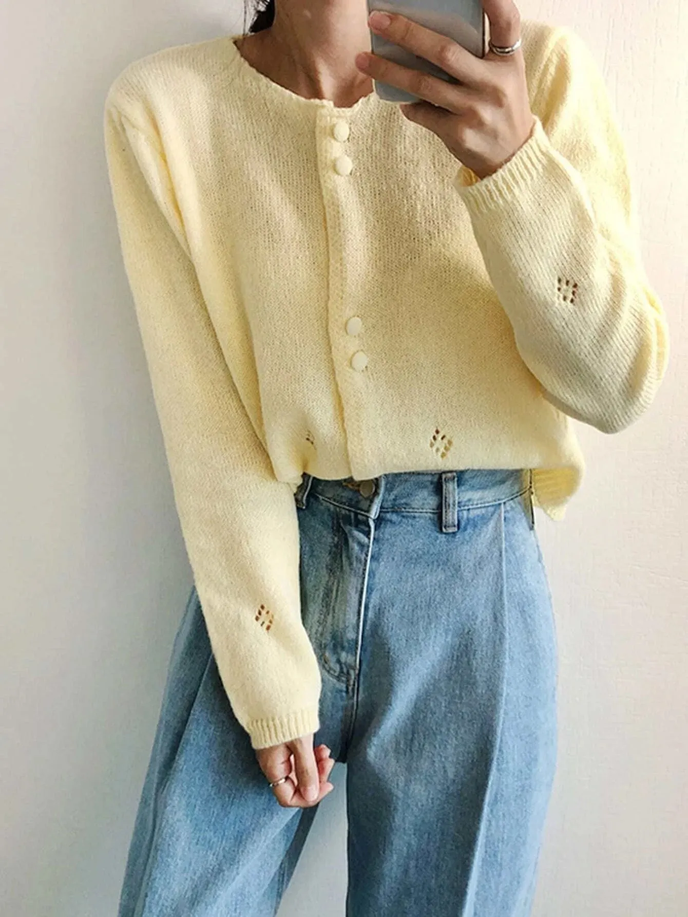 CM-CS036692 Women Casual Seoul Style Long Sleeve Solid Button Front Cardigan - Yellow