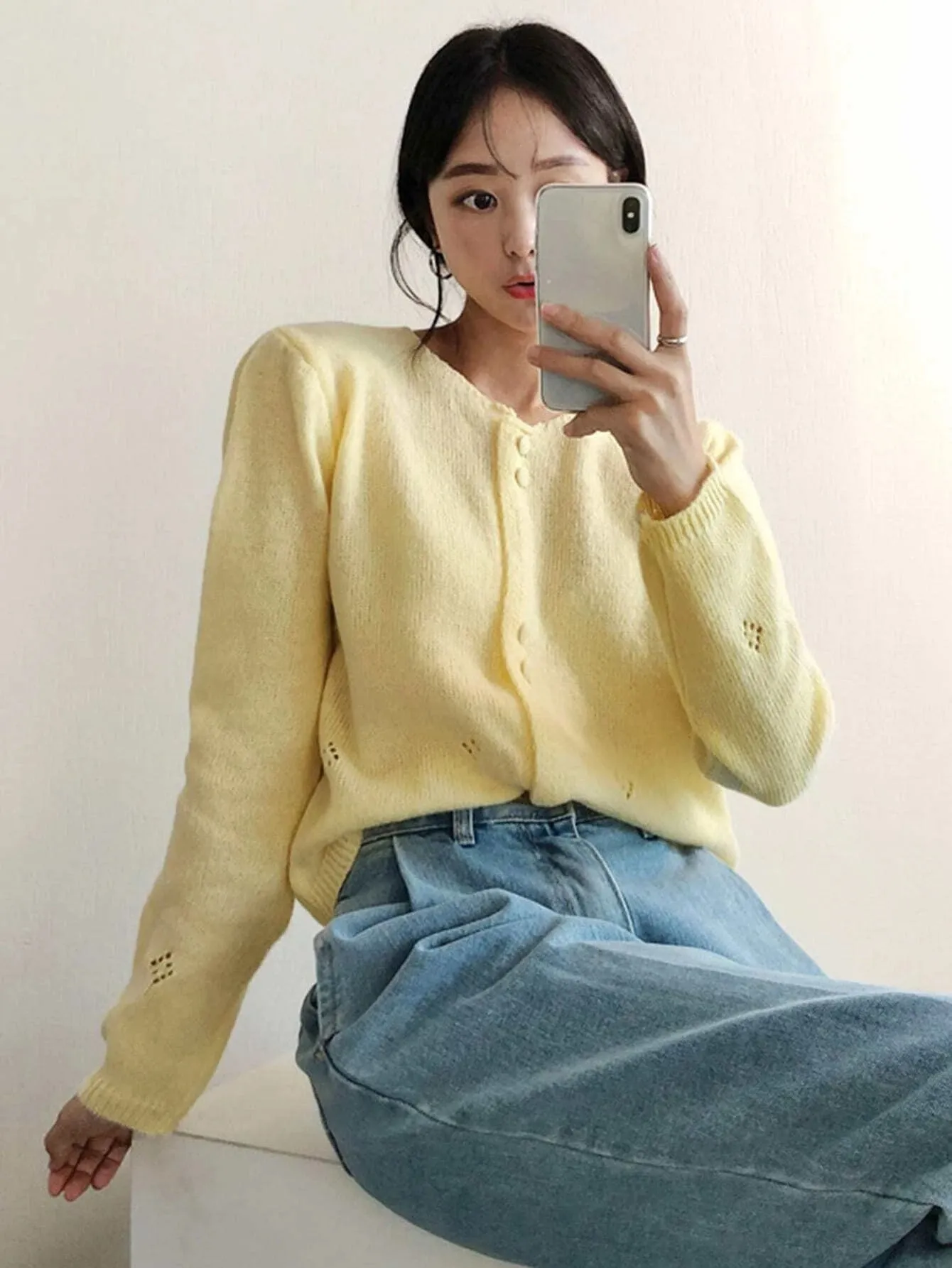 CM-CS036692 Women Casual Seoul Style Long Sleeve Solid Button Front Cardigan - Yellow