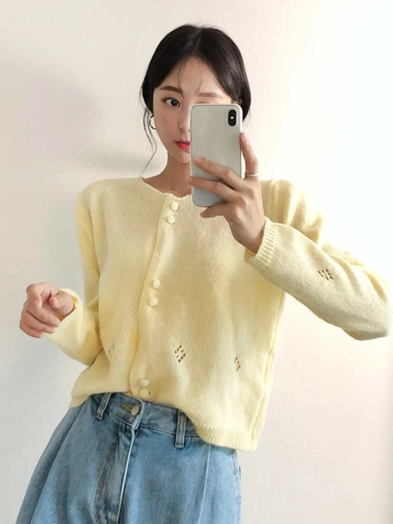 CM-CS036692 Women Casual Seoul Style Long Sleeve Solid Button Front Cardigan - Yellow