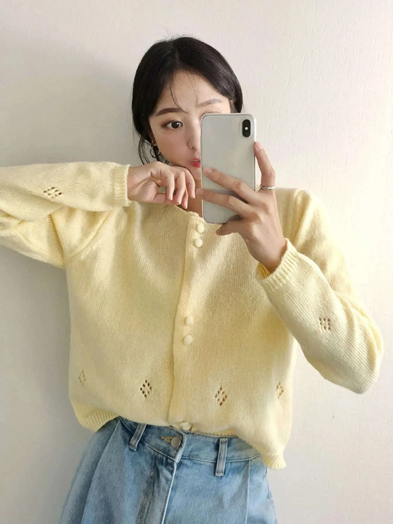CM-CS036692 Women Casual Seoul Style Long Sleeve Solid Button Front Cardigan - Yellow