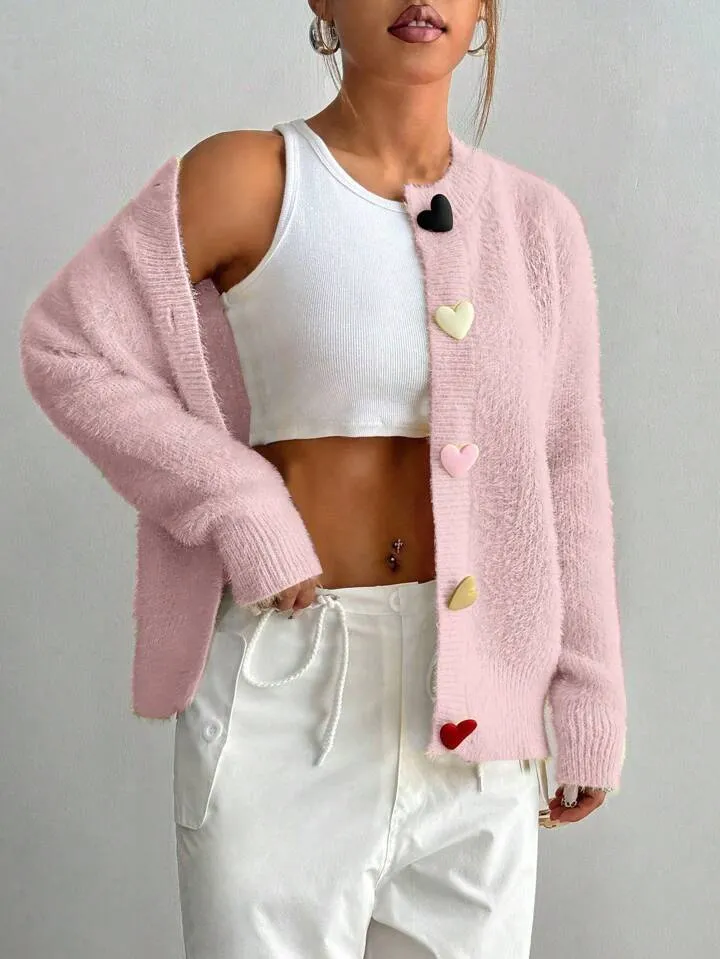 CM-CS106486 Women Casual Seoul Style Colorful Heart Button Front Cardigan - Pink
