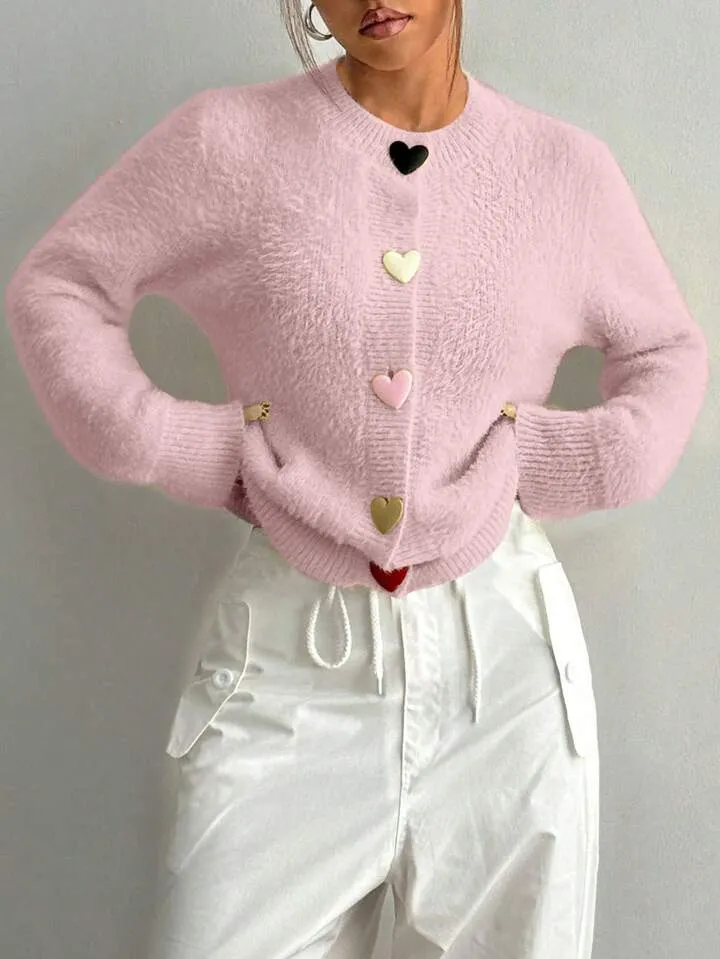 CM-CS106486 Women Casual Seoul Style Colorful Heart Button Front Cardigan - Pink