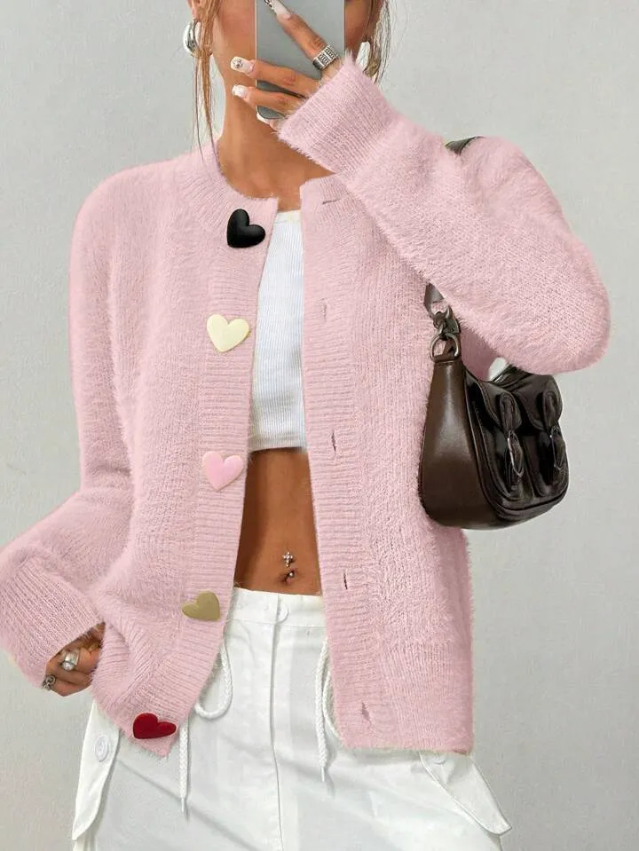 CM-CS106486 Women Casual Seoul Style Colorful Heart Button Front Cardigan - Pink