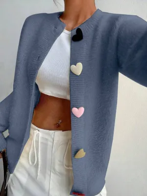 CM-CS115147 Women Casual Seoul Style Colorful Heart Button Front Cardigan - Blue