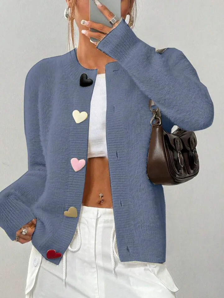 CM-CS115147 Women Casual Seoul Style Colorful Heart Button Front Cardigan - Blue