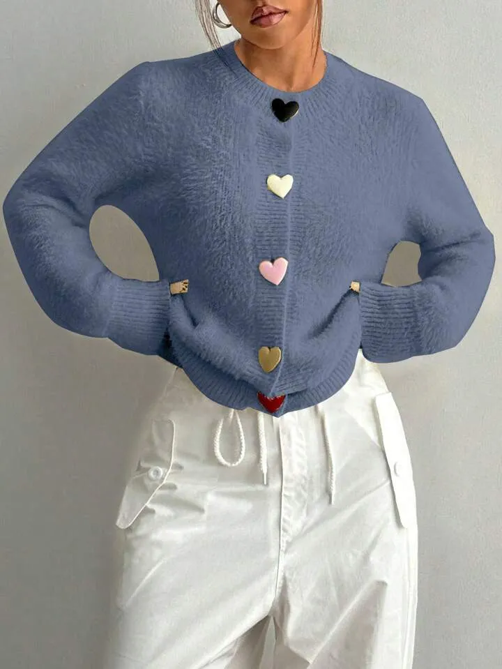 CM-CS115147 Women Casual Seoul Style Colorful Heart Button Front Cardigan - Blue