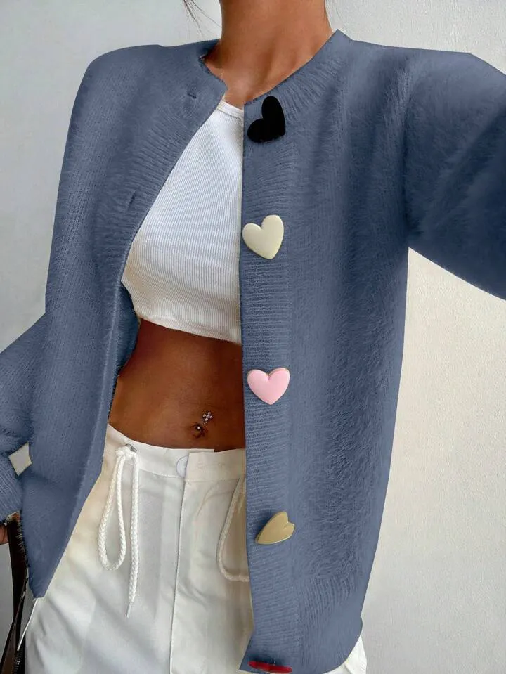 CM-CS115147 Women Casual Seoul Style Colorful Heart Button Front Cardigan - Blue