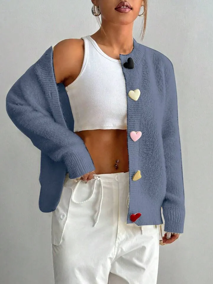 CM-CS115147 Women Casual Seoul Style Colorful Heart Button Front Cardigan - Blue