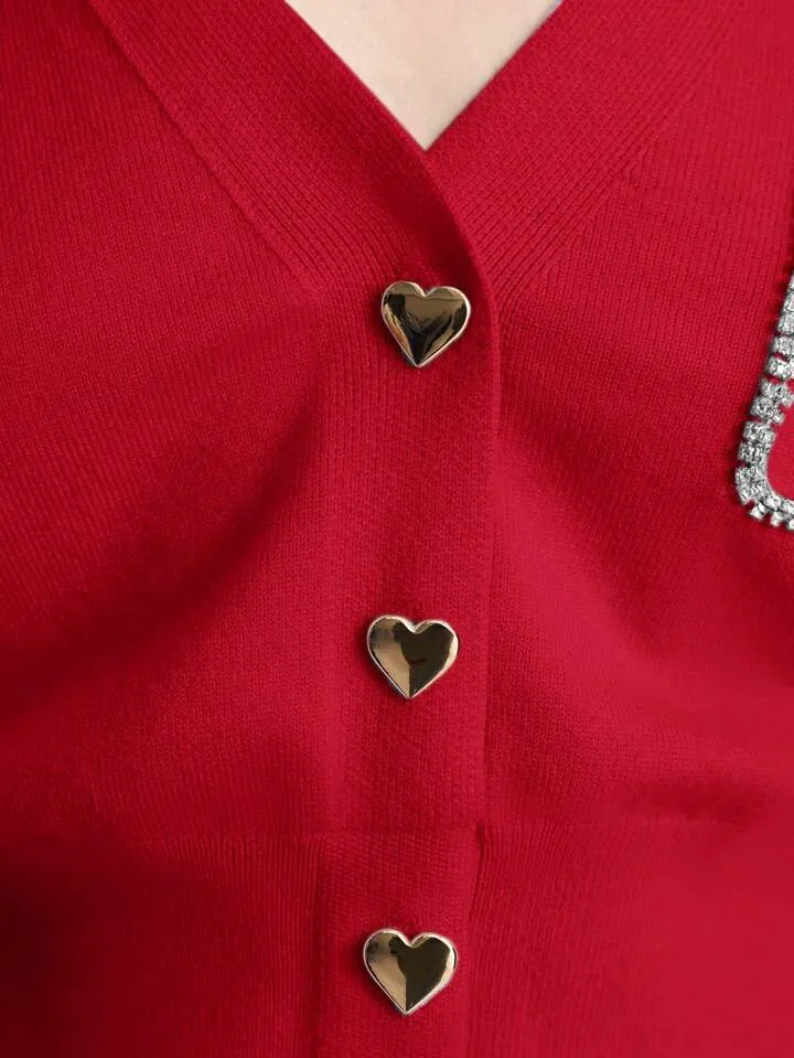 CM-CS174676 Women Casual Seoul Style Heart Shaped Button Front Cardigan - Red