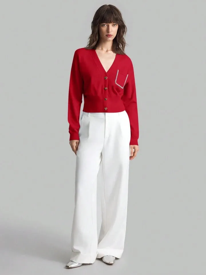 CM-CS174676 Women Casual Seoul Style Heart Shaped Button Front Cardigan - Red