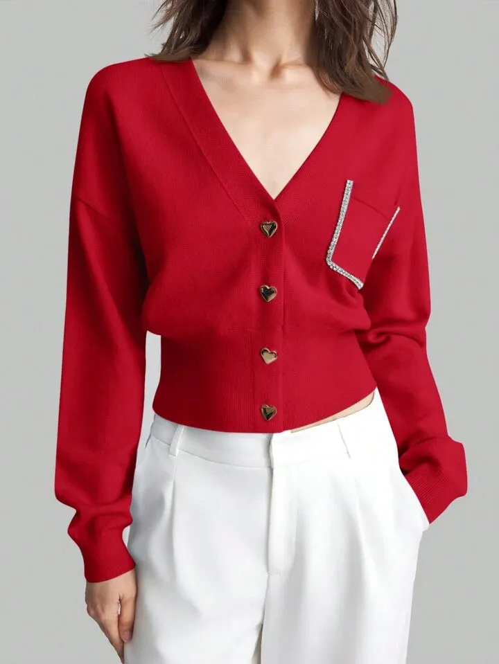 CM-CS174676 Women Casual Seoul Style Heart Shaped Button Front Cardigan - Red