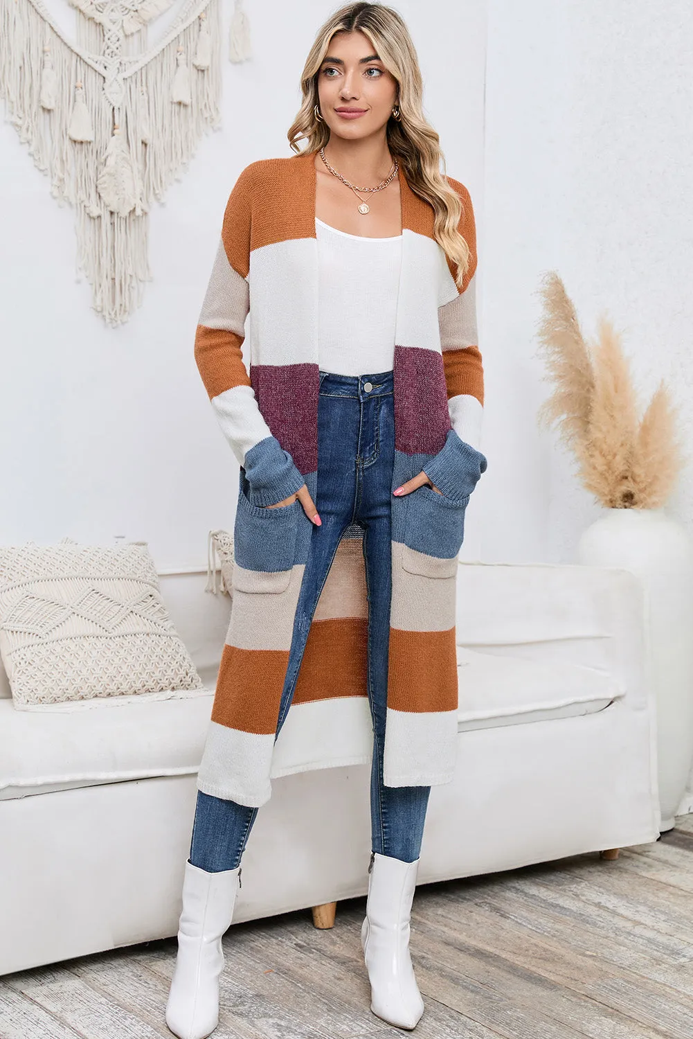 Color Block Open Front Long Cardigan