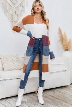 Color Block Open Front Long Cardigan