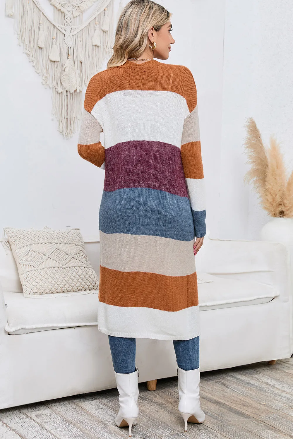 Color Block Open Front Long Cardigan