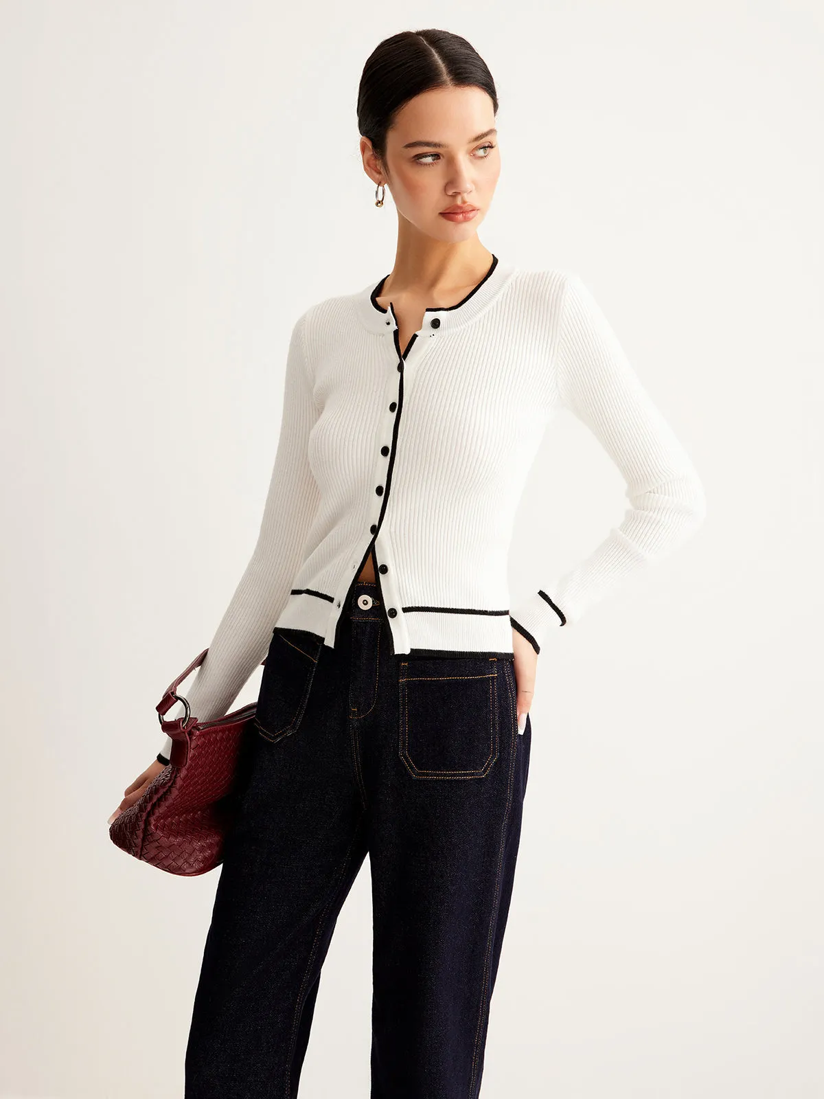 Contrast Binding Ribbed Button Cardigan