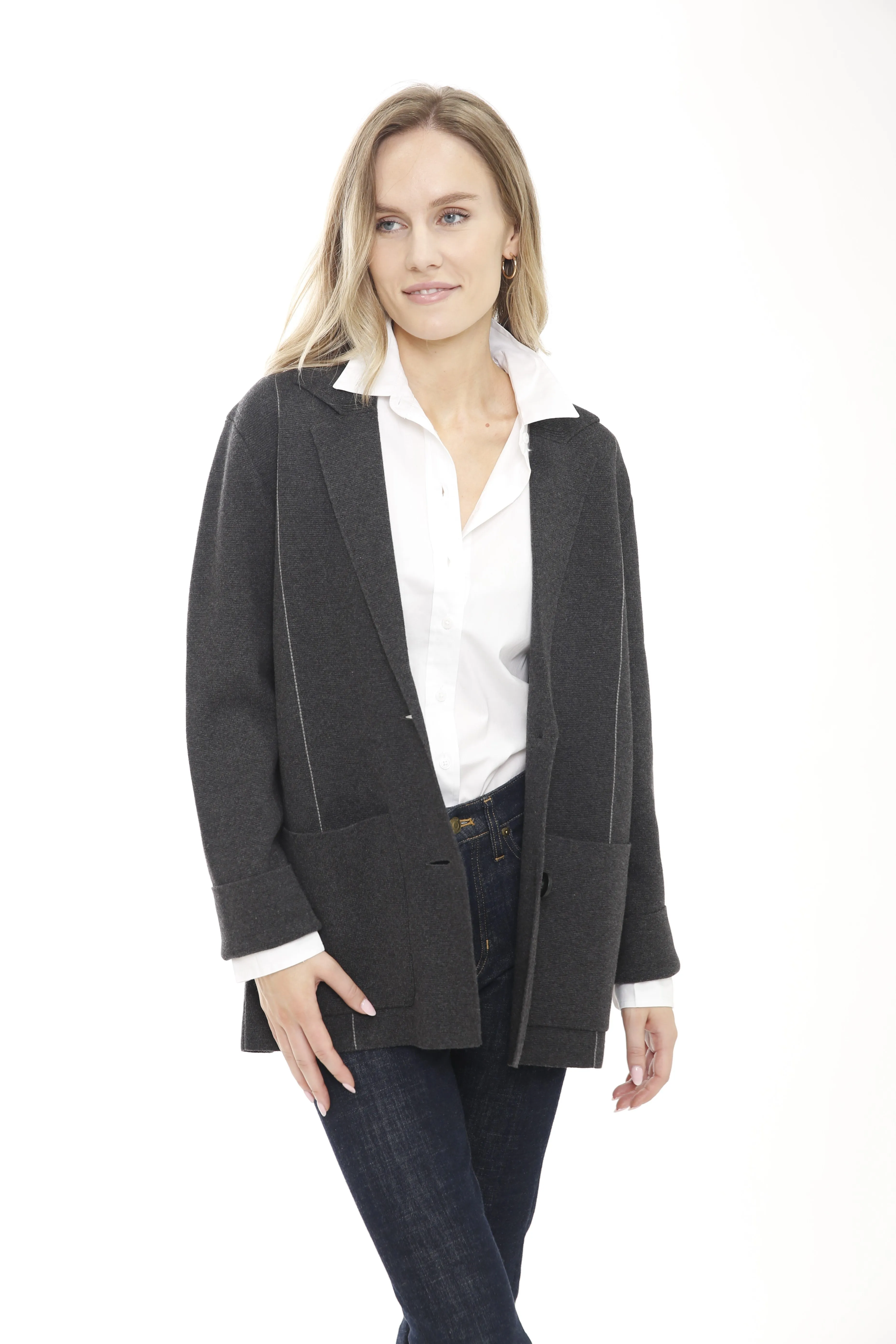 Cotton Blend Long Sleeve Button Front Cardigan Blazer