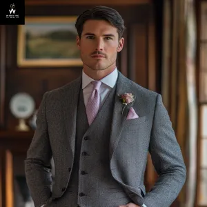 Custom Grey Herringbone Wool Suit – Tailored Three-Piece Set for a Sharp Look