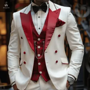 Custom White Three-Piece Suit for Men – Bespoke Wedding Attire with Red Accents