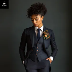 Custom Women's Navy Tweed Wool Three-Piece Suit | Elegant Winter Wear
