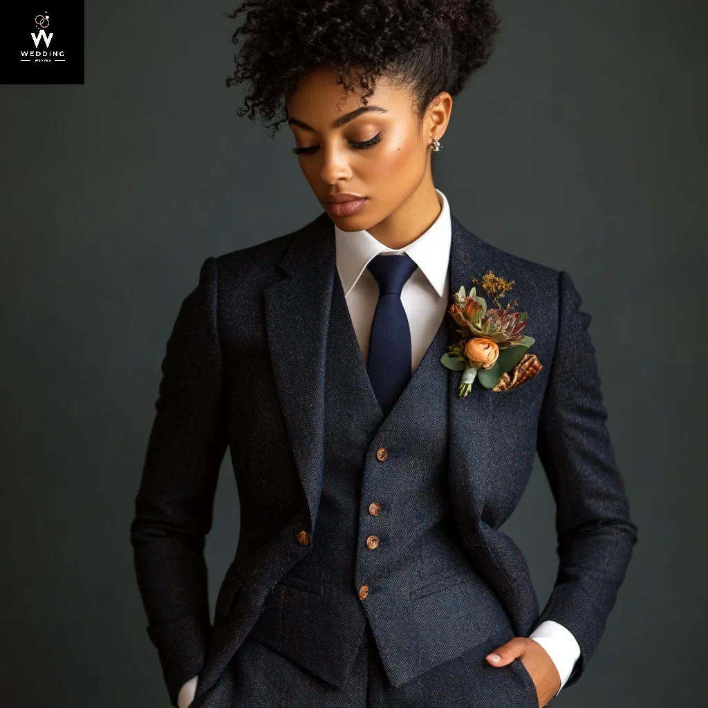 Custom Women's Navy Tweed Wool Three-Piece Suit | Elegant Winter Wear