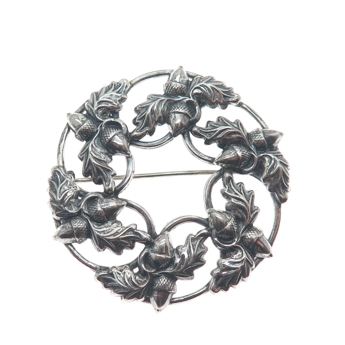 DANECRAFT Sterling Silver Antique Art Deco Acorn Oak Leaf Oxidized Pin Brooch